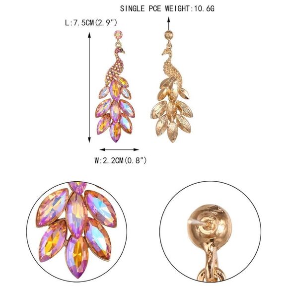 Yellow Gold and Pink Iridescent AB Austrian Crystal Peacock Chandelier Earrings - Picture 5 of 5